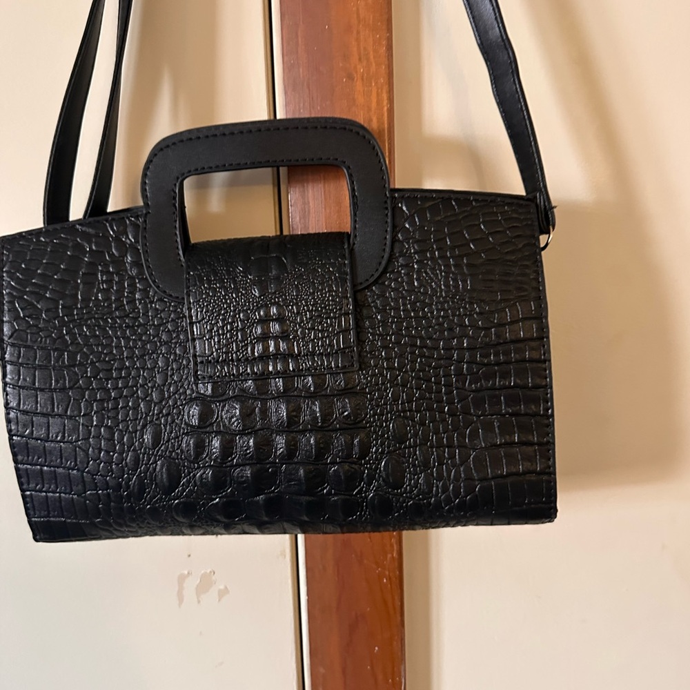 Black Croc-Embossed Shoulder Bag with Top Handle - Picture 6 of 8